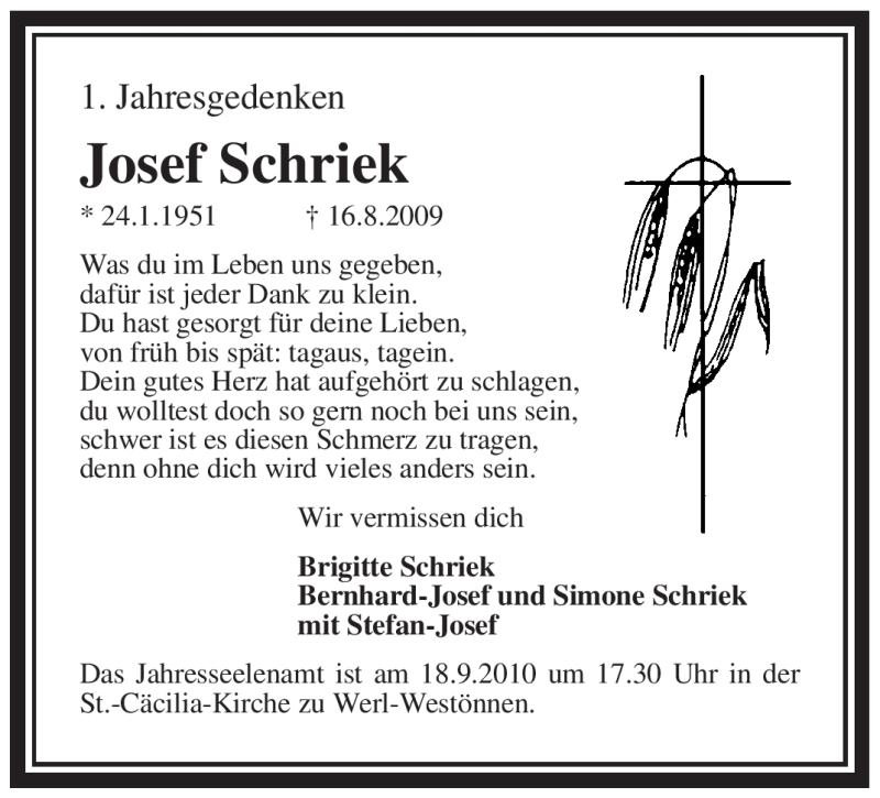  Traueranzeige für Josef Schriek vom 15.09.2010 aus WESTFÄLISCHER ANZEIGER