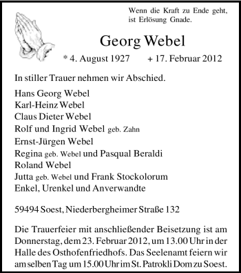 Traueranzeige von Georg Webel von WESTFÄLISCHER ANZEIGER
