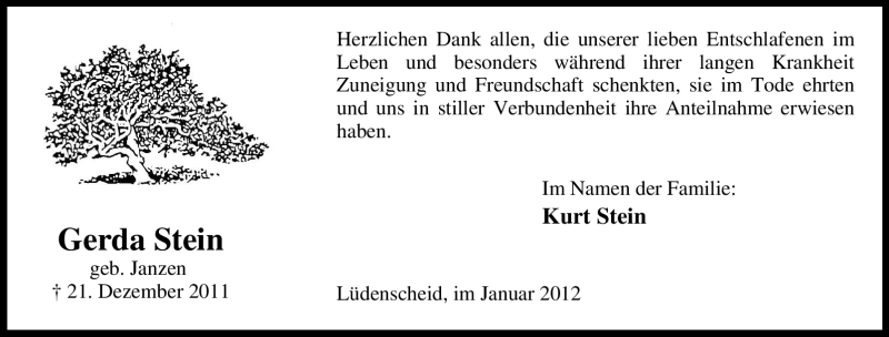  Traueranzeige für Gerda Stein vom 28.01.2012 aus WESTFÄLISCHER ANZEIGER