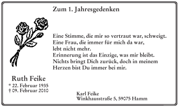 Traueranzeige von Ruth Feike von WESTFÄLISCHER ANZEIGER