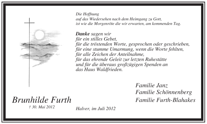  Traueranzeige für Brunhilde Furth vom 20.07.2012 aus WESTFÄLISCHER ANZEIGER