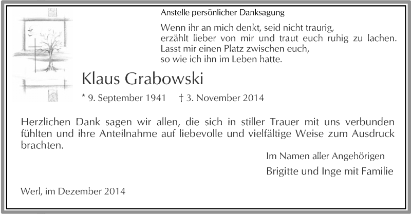  Traueranzeige für Klaus Grabowski vom 19.12.2014 aus MZV