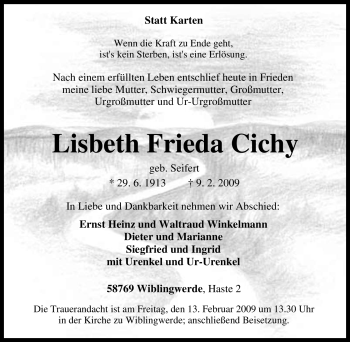 Traueranzeige von Lisbeth Frieda Cichy von WESTFÄLISCHER ANZEIGER