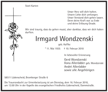 Traueranzeige von Irmgard Wondzenski von WESTFÄLISCHER ANZEIGER