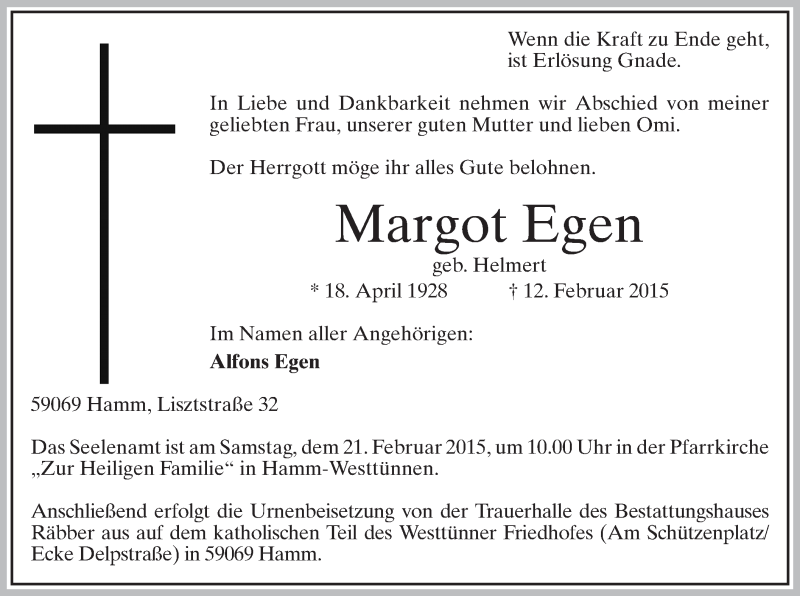  Traueranzeige für Margot Egen vom 18.02.2015 aus MZV