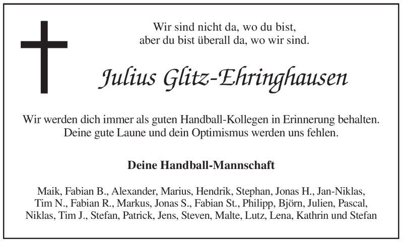  Traueranzeige für Julius Glitz-Ehringhausen vom 06.07.2009 aus WESTFÄLISCHER ANZEIGER