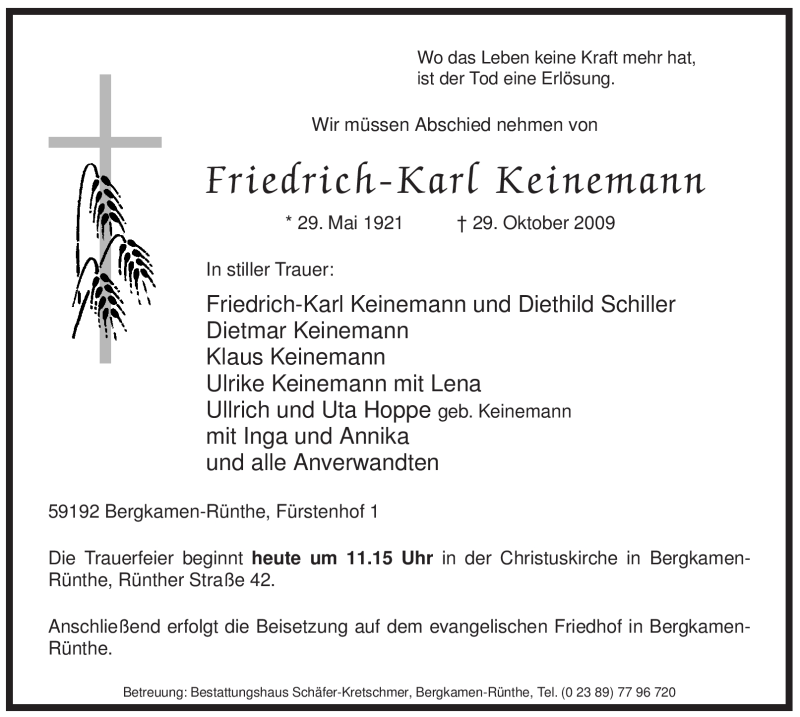  Traueranzeige für Friedrich-Karl Keinemann vom 02.11.2009 aus WESTFÄLISCHER ANZEIGER