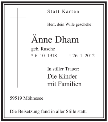 Traueranzeige von Änne Dham von WESTFÄLISCHER ANZEIGER