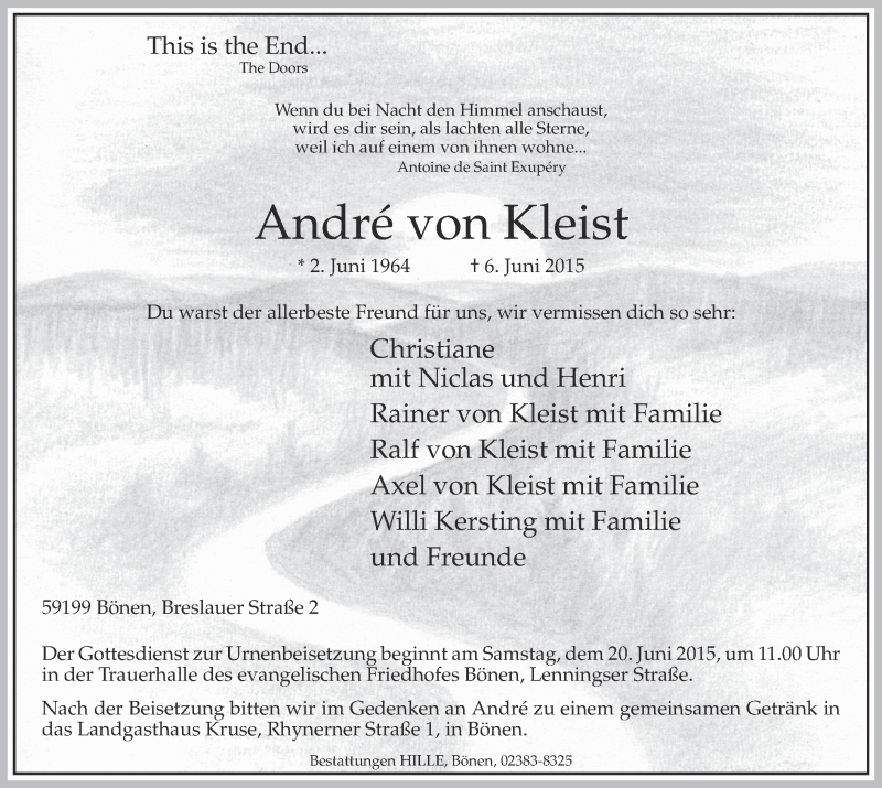  Traueranzeige für André von Kleist vom 15.06.2015 aus MZV