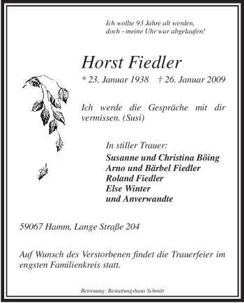Traueranzeige von Horst Fiedler von WESTFÄLISCHER ANZEIGER