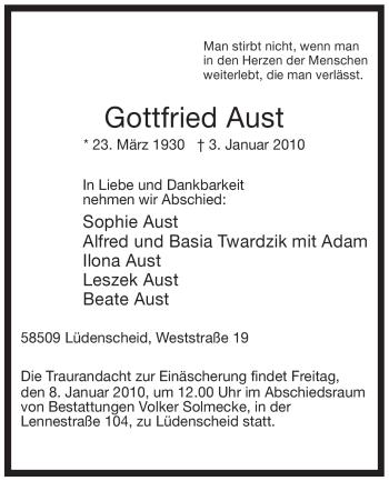 Traueranzeige von Gottfried Aust von WESTFÄLISCHER ANZEIGER