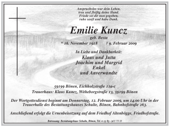 Traueranzeige von Emilie Kuncz von WESTFÄLISCHER ANZEIGER