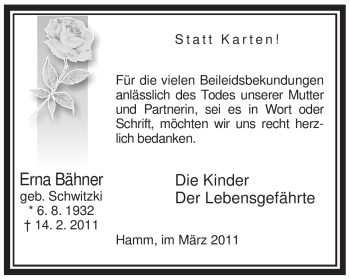 Traueranzeige von Erna Bähner von WESTFÄLISCHER ANZEIGER