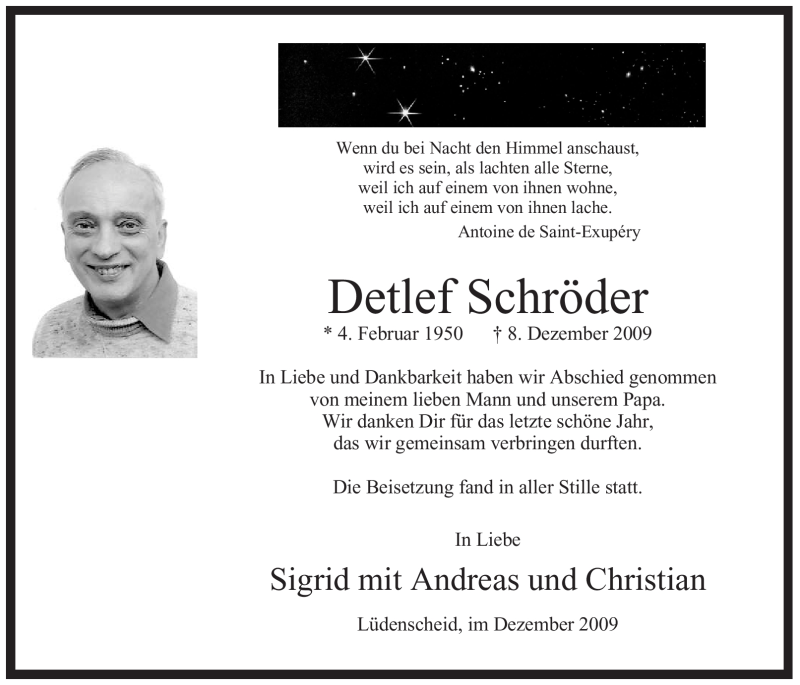  Traueranzeige für Detlef Schröder vom 15.12.2009 aus WESTFÄLISCHER ANZEIGER