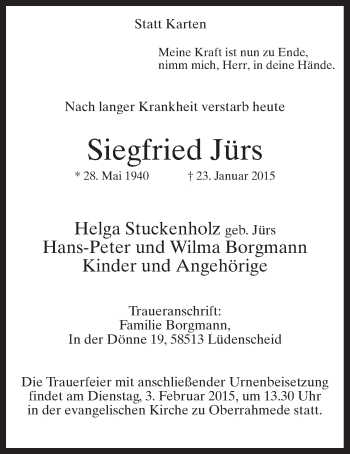Traueranzeige von Siegfried Jürs von MZV
