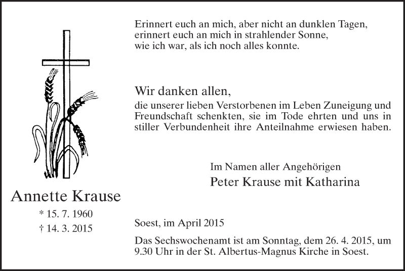  Traueranzeige für Annette Krause vom 22.04.2015 aus MZV