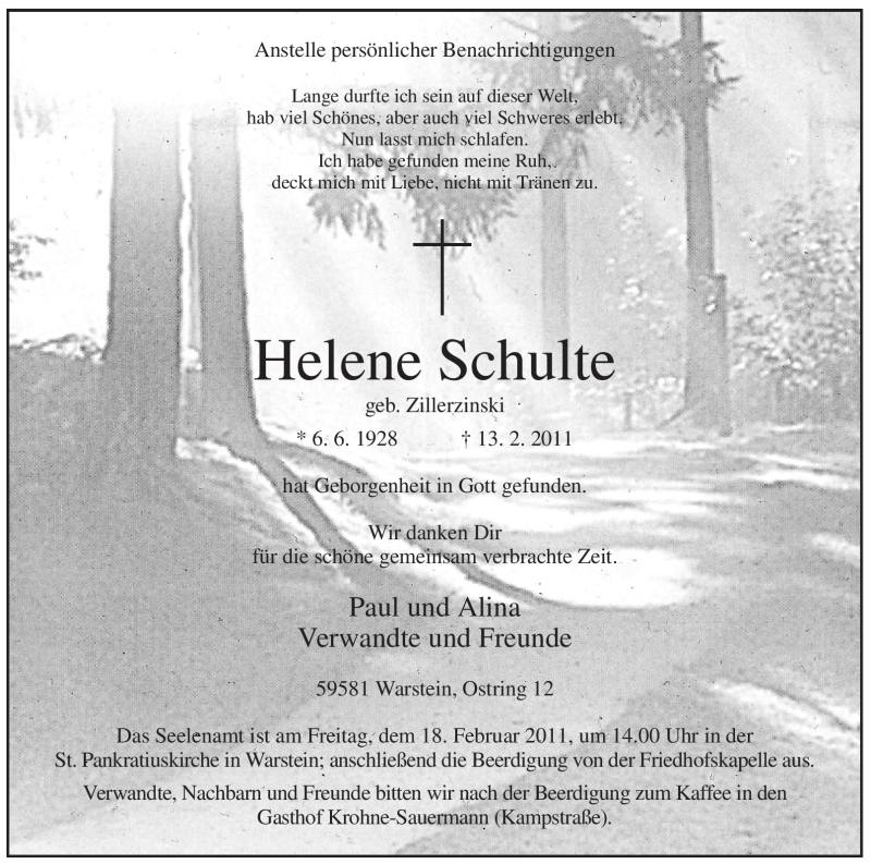  Traueranzeige für Helene Schulte vom 16.02.2011 aus WESTFÄLISCHER ANZEIGER