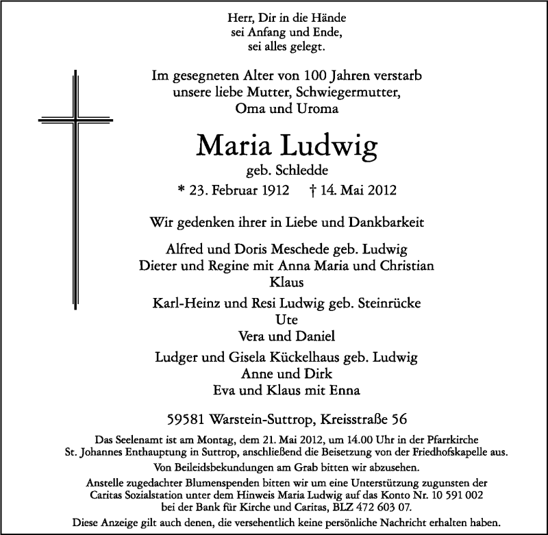  Traueranzeige für Maria Ludwig vom 16.05.2012 aus WESTFÄLISCHER ANZEIGER