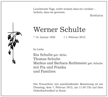 Traueranzeige von Werner Schulte von WESTFÄLISCHER ANZEIGER