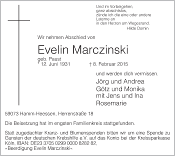 Traueranzeige von Evelin Marczinski von MZV