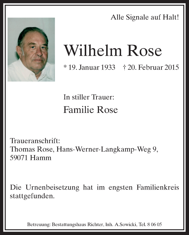  Traueranzeige für Wilhelm Rose vom 07.03.2015 aus MZV