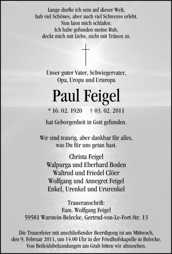 Traueranzeige von Paul Feigel von WESTFÄLISCHER ANZEIGER