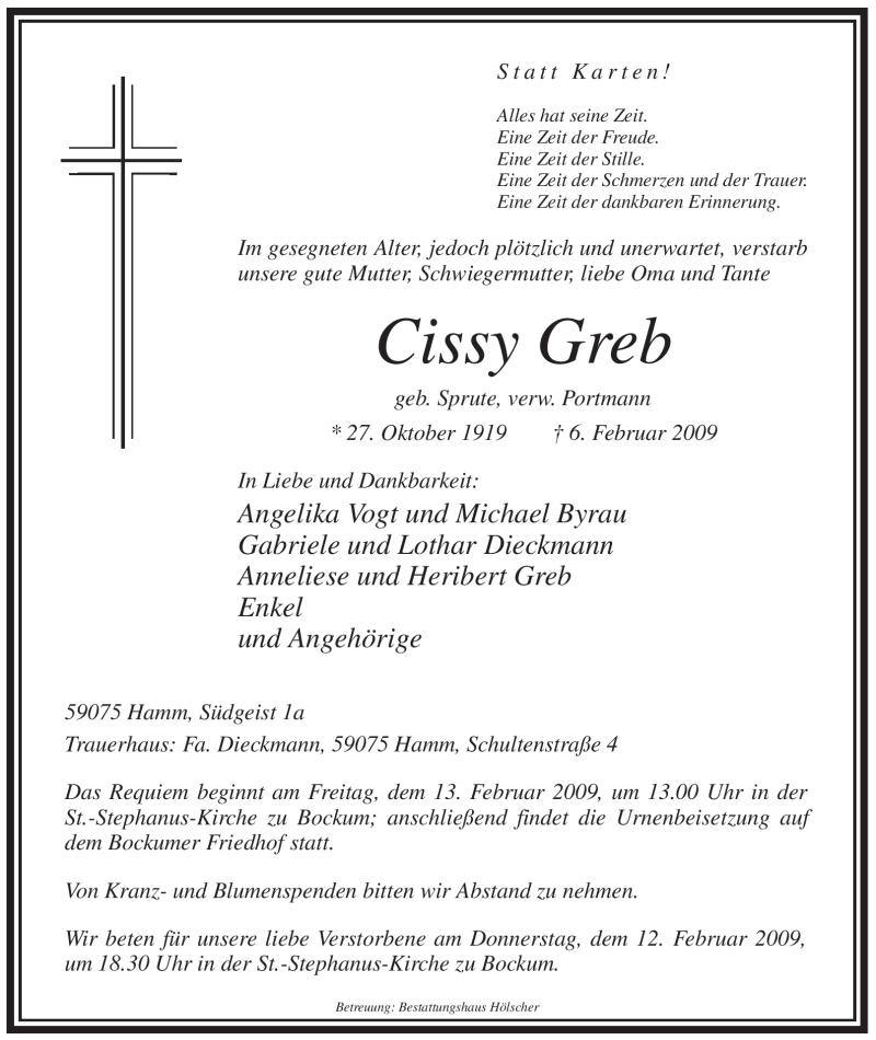  Traueranzeige für Cissy Greb vom 11.02.2009 aus WESTFÄLISCHER ANZEIGER