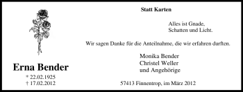 Traueranzeige von Erna Bender von WESTFÄLISCHER ANZEIGER