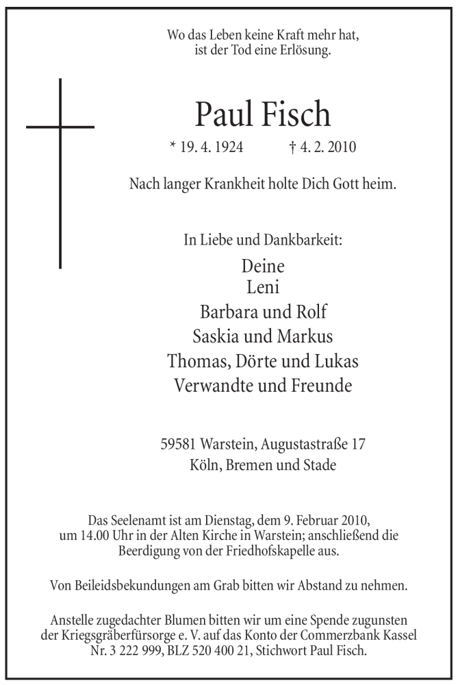  Traueranzeige für Paul Fisch vom 06.02.2010 aus WESTFÄLISCHER ANZEIGER