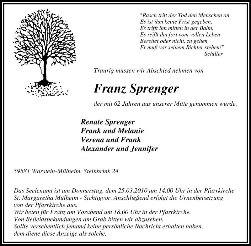  Traueranzeige für Franz Sprenger vom 23.03.2010 aus WESTFÄLISCHER ANZEIGER