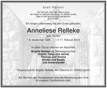 Traueranzeige von Anneliese Relleke von WESTFÄLISCHER ANZEIGER