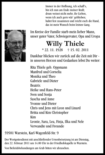 Traueranzeige von Willy Thiele von WESTFÄLISCHER ANZEIGER