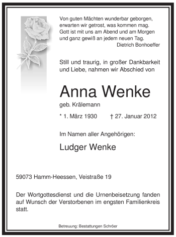 Traueranzeige von Anna Wenke von WESTFÄLISCHER ANZEIGER