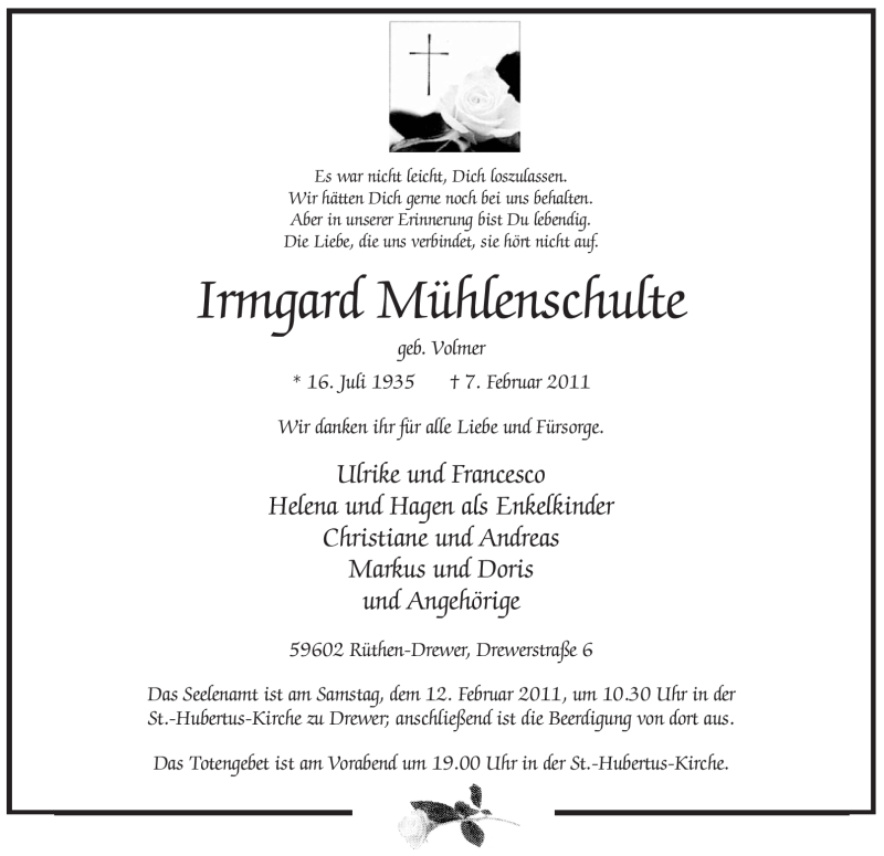 Traueranzeige für Irmgard Mühlenschulte vom 09.02.2011 aus WESTFÄLISCHER ANZEIGER