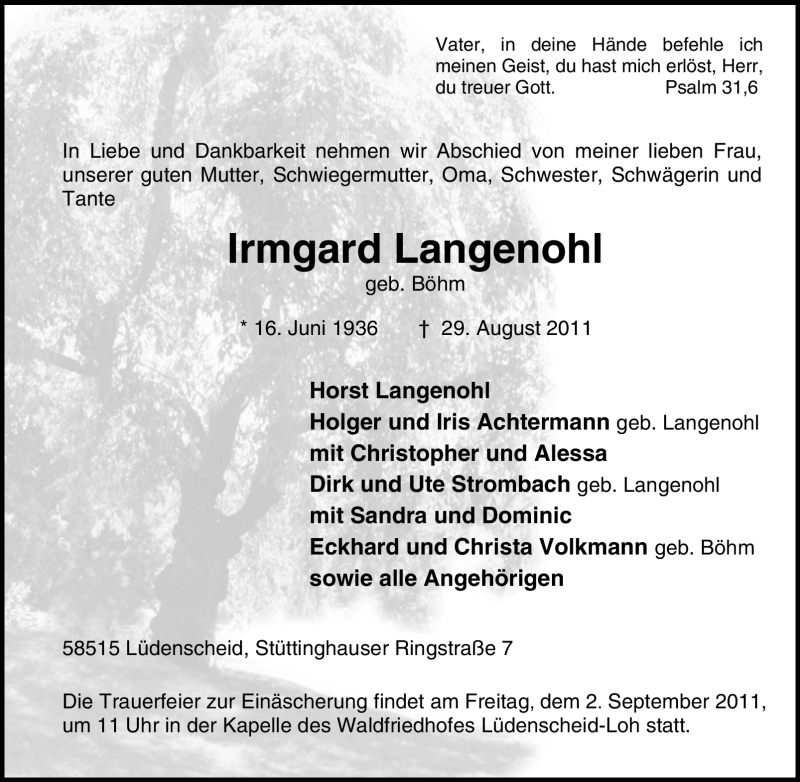  Traueranzeige für Irmgard Langenohl vom 31.08.2011 aus WESTFÄLISCHER ANZEIGER