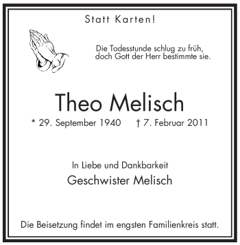 Traueranzeige von Theo Melisch von WESTFÄLISCHER ANZEIGER