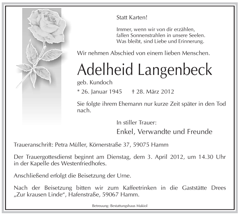  Traueranzeige für Adelheid Langenbeck vom 31.03.2012 aus WESTFÄLISCHER ANZEIGER
