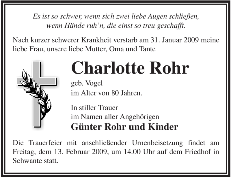 Traueranzeige für Charlotte Rohr vom 07.02.2009 aus WESTFÄLISCHER ANZEIGER