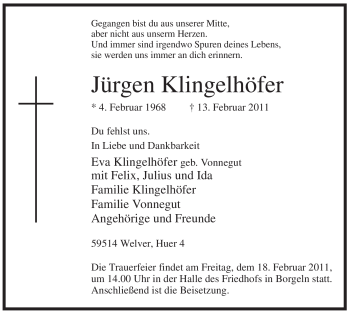Traueranzeige von Jürgen Klingelhöfer von WESTFÄLISCHER ANZEIGER