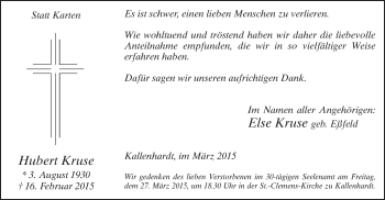 Traueranzeige von Hubert Kruse von MZV