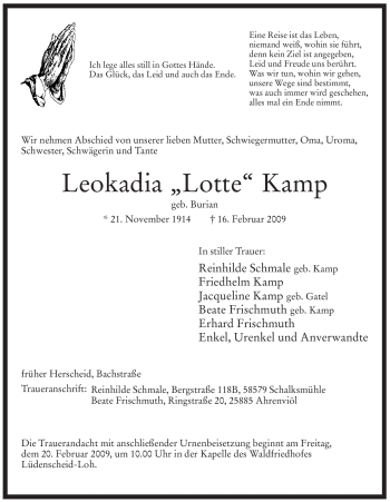 Traueranzeige von Leokadia Kamp von WESTFÄLISCHER ANZEIGER