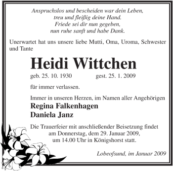 Traueranzeige von Heidi Wittchen von WESTFÄLISCHER ANZEIGER