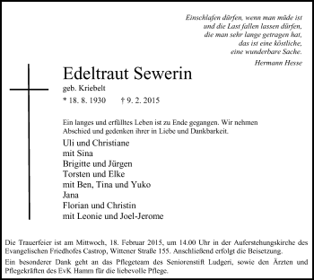 Traueranzeige von Edeltraut Sewerin von MZV