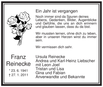 Traueranzeige von Franz Reinecke von WESTFÄLISCHER ANZEIGER