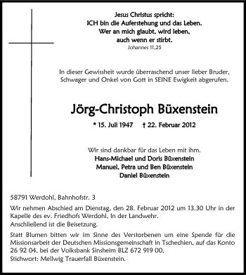 Traueranzeige von Jörg-Christoph Büxenstein von WESTFÄLISCHER ANZEIGER