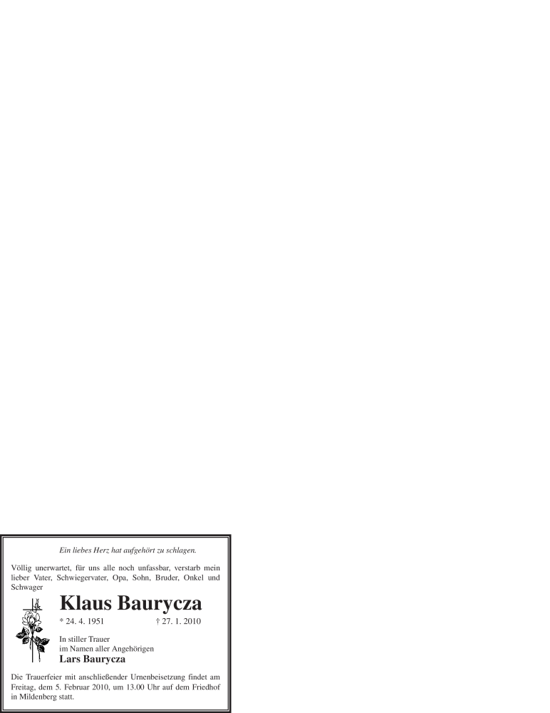  Traueranzeige für Klaus Baurycza vom 02.02.2010 aus WESTFÄLISCHER ANZEIGER