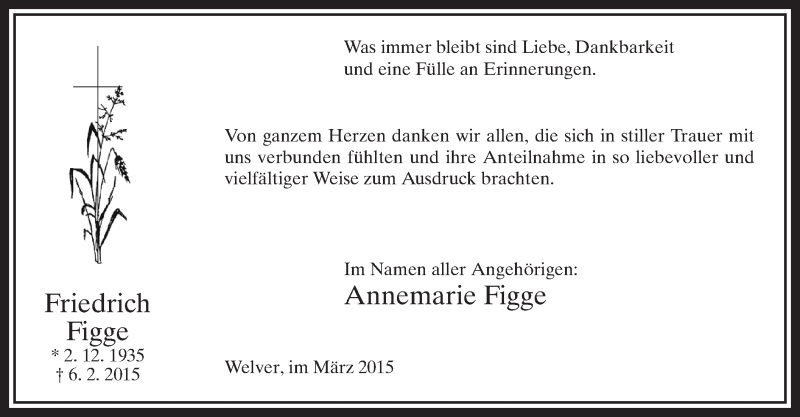  Traueranzeige für Friedrich Figge vom 14.03.2015 aus MZV