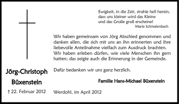 Traueranzeige von Jörg-Christoph Büxenstein von WESTFÄLISCHER ANZEIGER