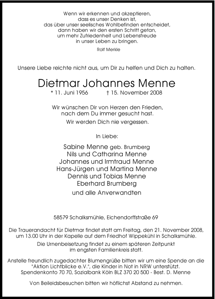  Traueranzeige für Johannes Dietmar Menne vom 19.11.2008 aus WESTFÄLISCHER ANZEIGER