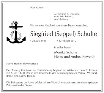 Traueranzeige von Siegfried Schulte von WESTFÄLISCHER ANZEIGER